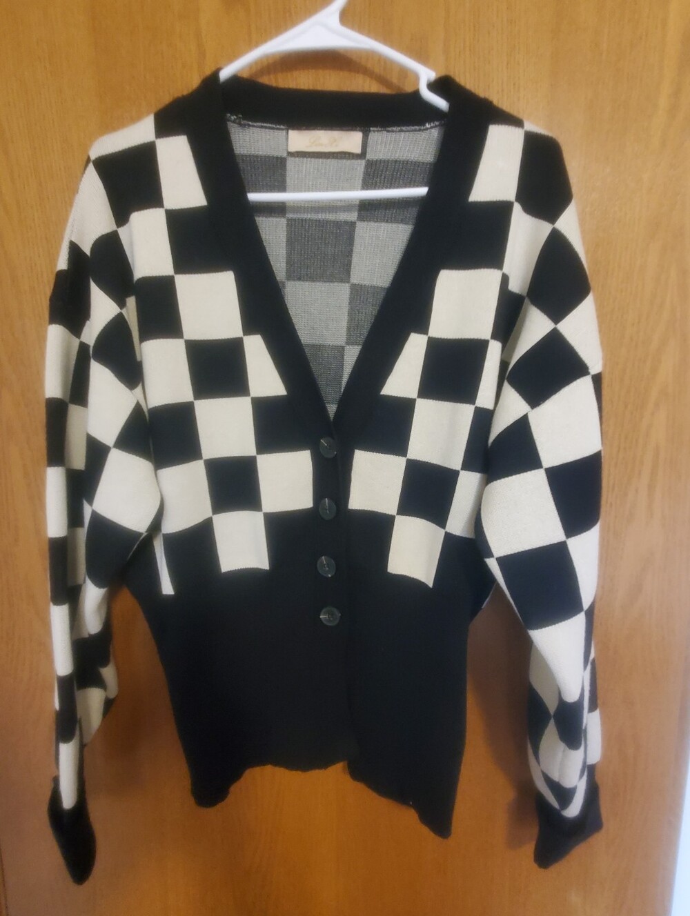 Checkerboard Black and White Button-Front Cardigan Sweater